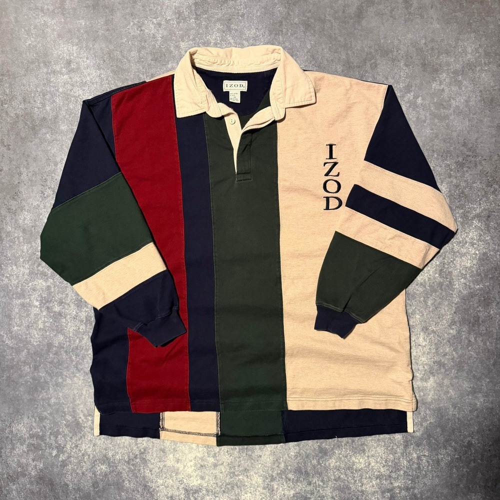 Vintage Izod‎ Rugby Shirt Mens 2X Colorblock Vertical Stripe Long Sleeve Polo